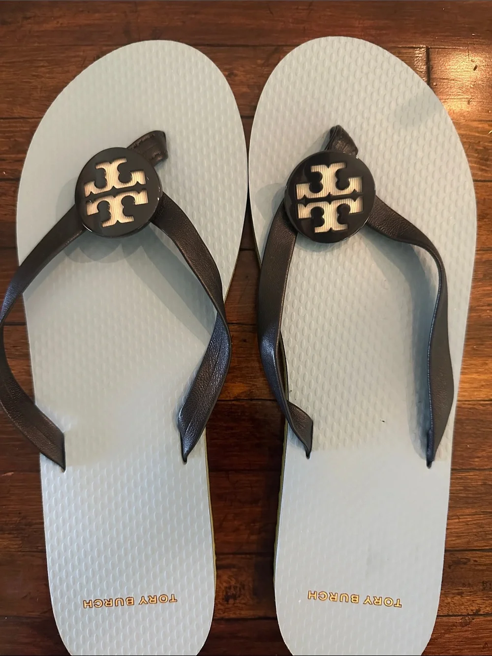 Tory Burch Light Blue Footbed  Logo Thong Sandals